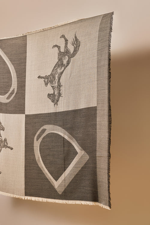 wool scarf with woven horse and stirrup design in a neural taupe and brown colour