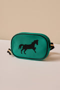 Green bag with a horse silhouette on a beige background