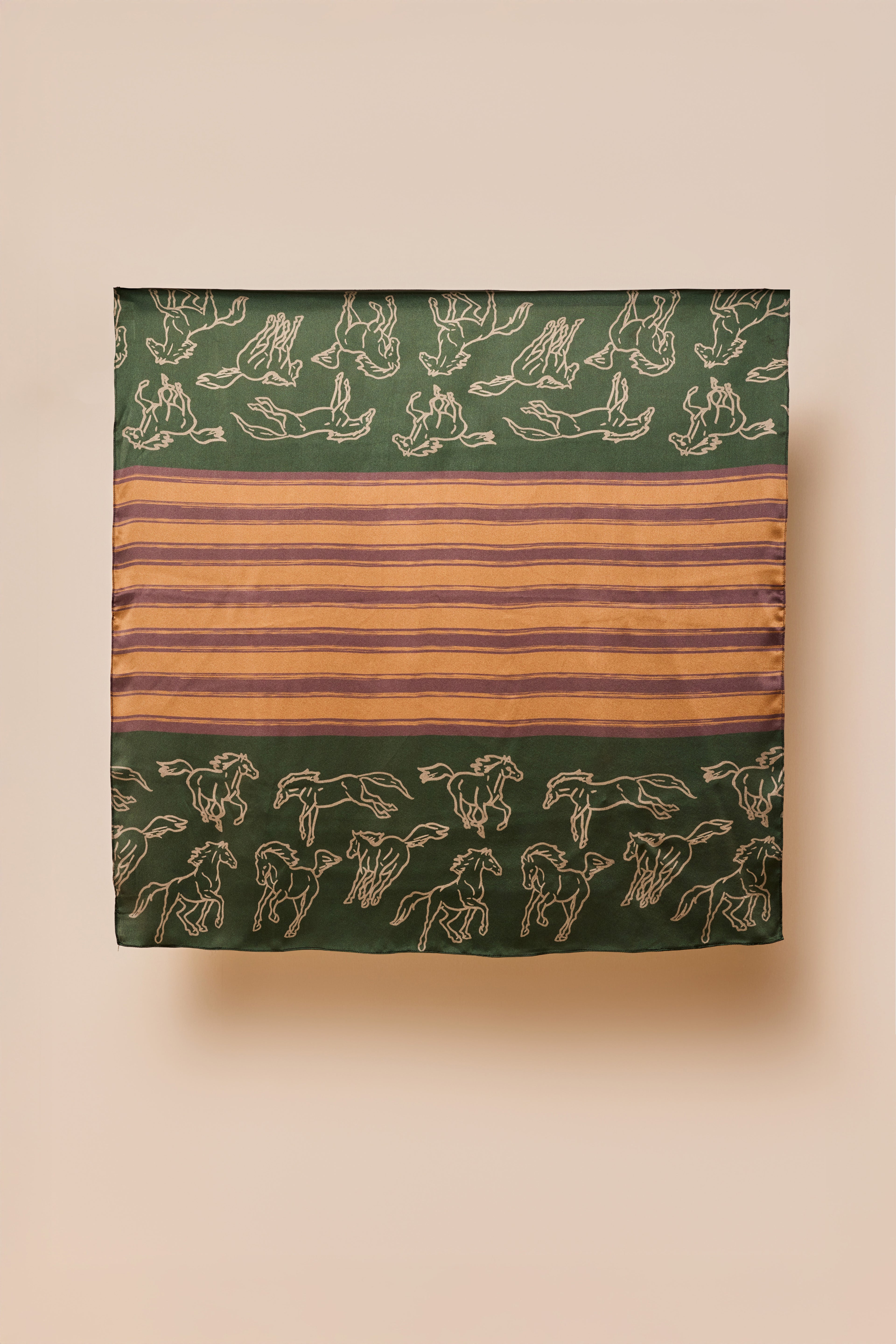 silk scarf with running horses and six stripes through the centre