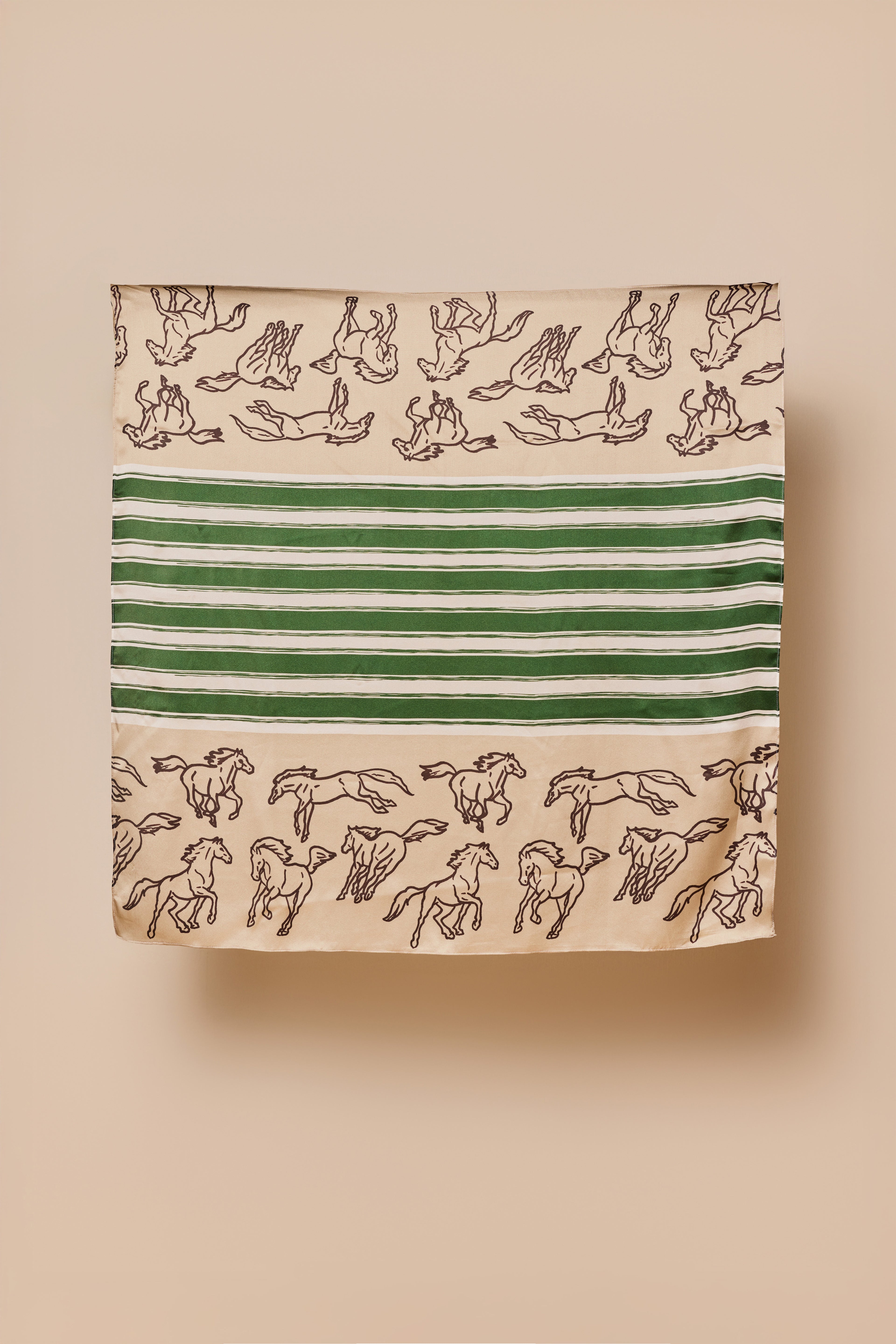 silk scarf with running horses and six stripes through the centre