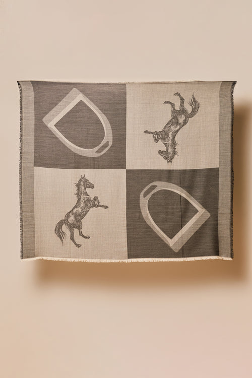 Scarf with horse and stirrup patterns on a beige background
