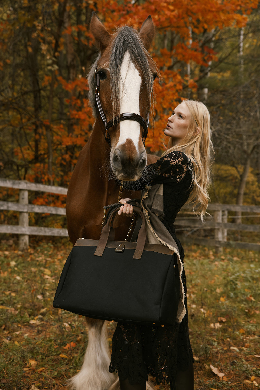 Woman holding a black handbag next to a horse in an autumn setting
